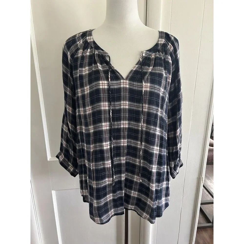 Ann Taylor LOFT Plaid Henley Peasant 3/4 Length Sleeve Blouse Size Small - Picture 3 of 7